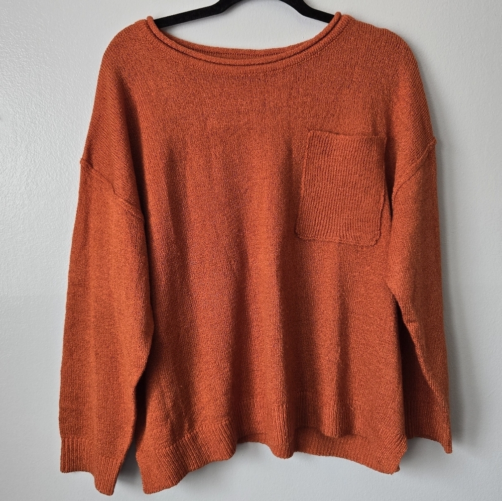 Minimalist Boho Burnt Orange Knit Sweater Single Pocket Crewneck Fall Boutique